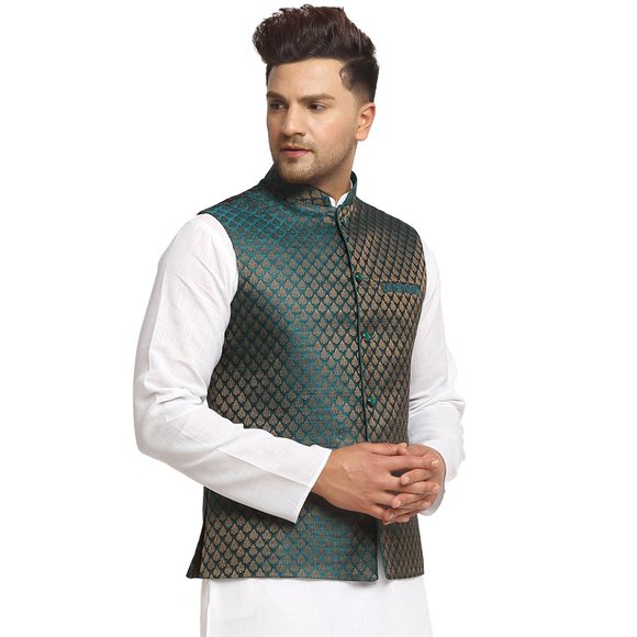 Sleeveless Traditional Brocade Silk Fabric Dark Green Nehru Jacket by Treemoda - Picture 2 of 5
